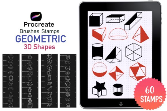 Instant Dimension: Procreate Stamps 60 Geometric 3D Shapes